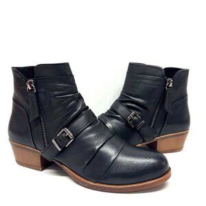 MIZ MOOZ SOFT RUCHED LEATHER BOOTIE SIDE ZIP BUCKLE BLUE 37EU / 7US # Z-146